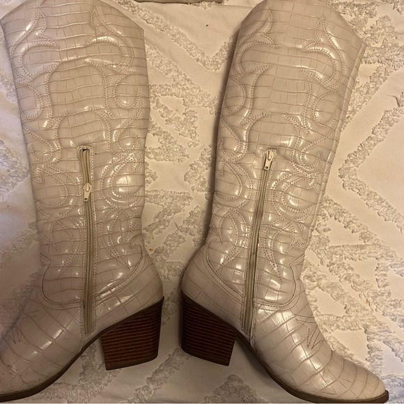 Cream Croc-Embossed Knee-High Boots - Picture 11 of 11